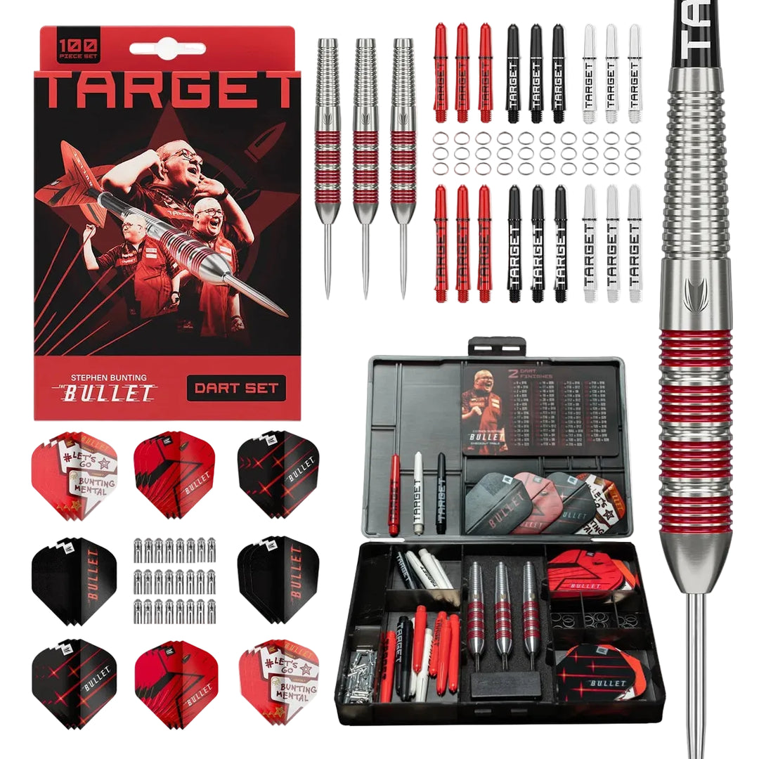 A Target brand dart set displayed on a white background, including a retail box, multiple darts in red, silver, and black, flight accessories, a black storage case, and several dart flights. The packaging and product branding prominently feature Stephen Bluting and the Bullet line.