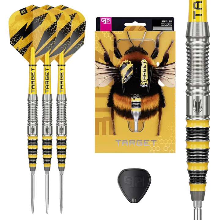 Target Steel Tip darts in a yellow and black bee theme, featuring three darts with patterned wings, a close-up of the barrel, the retail packaging with a bumblebee graphic, and a black silicone tip protector on a light gray background.