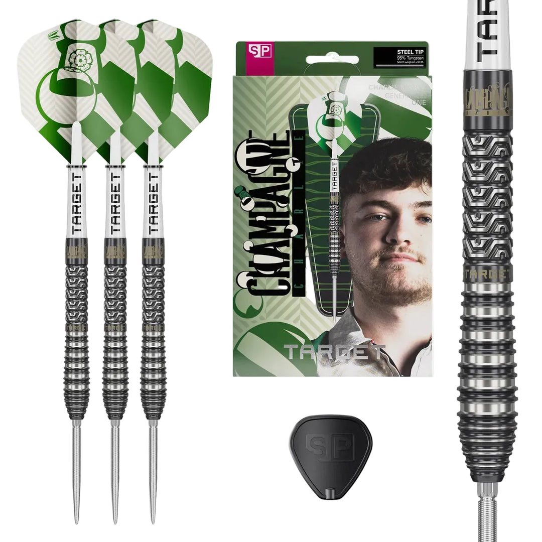 Target brand dart set with three green and white patterned flights, silver ribbed barrels, a close-up of the dart tip, retail packaging, and a black SPI guide, all on a white background.