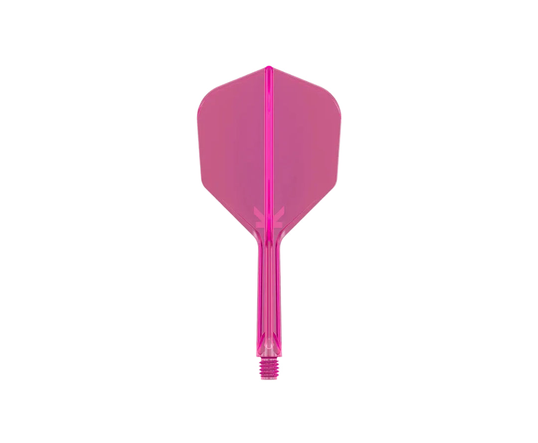 A single translucent pink darts flight with a matching pink threaded shaft, centered on a plain light gray background.