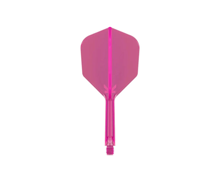 A single translucent pink darts flight with a matching pink threaded shaft, centered on a plain light gray background.