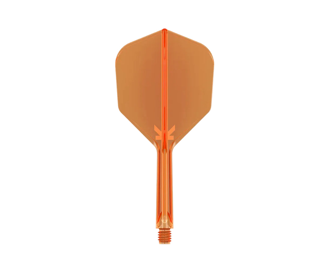 An orange translucent plastic dart flight with a matching orange threaded shaft, centered on a plain white background.