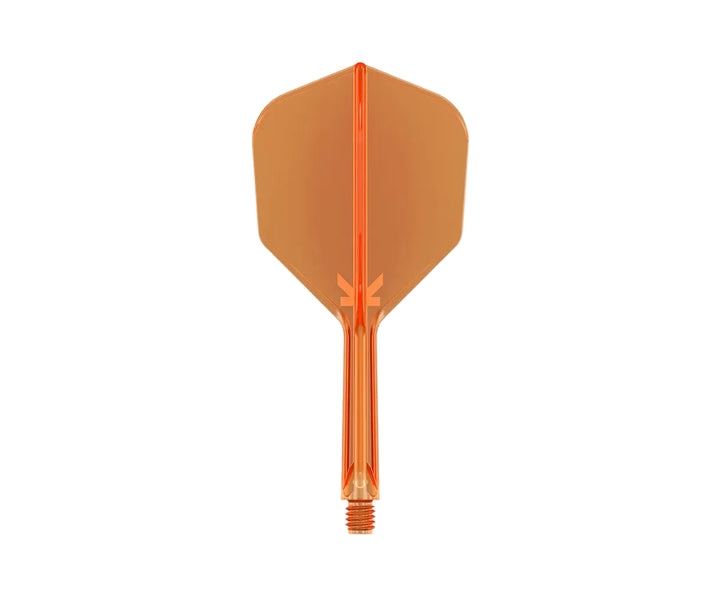An orange translucent plastic dart flight with a matching orange threaded shaft, centered on a plain white background.