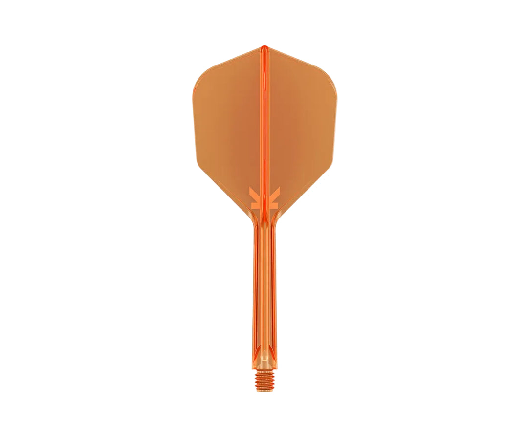 An orange translucent plastic dart flight with a matching orange shaft, shown against a plain white background.
