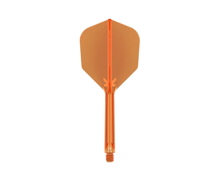An orange translucent plastic dart flight with a matching orange shaft, shown against a plain white background.