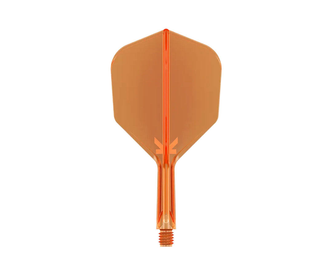 An orange translucent plastic dart blade with a matching orange threaded stem, centered on a plain light gray background.
