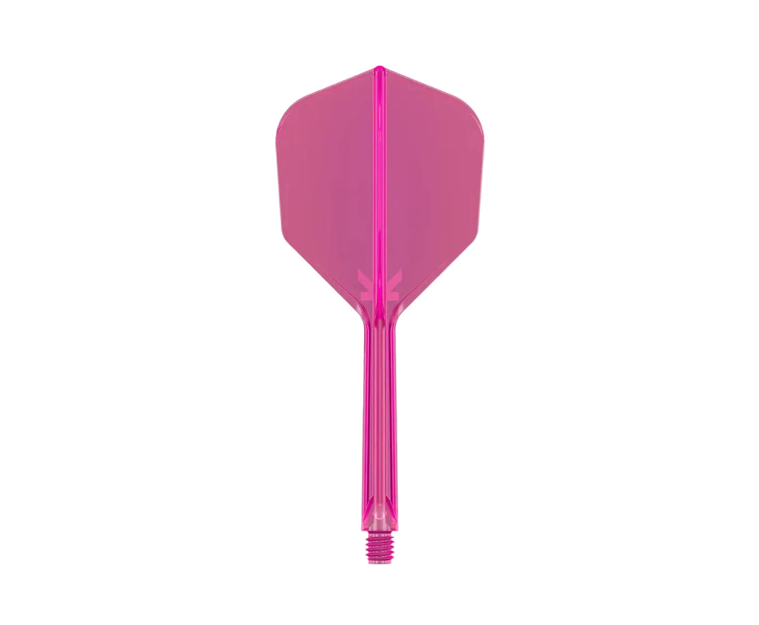 A single pink flighted dart with a metallic finish, centered vertically against a plain light gray background.