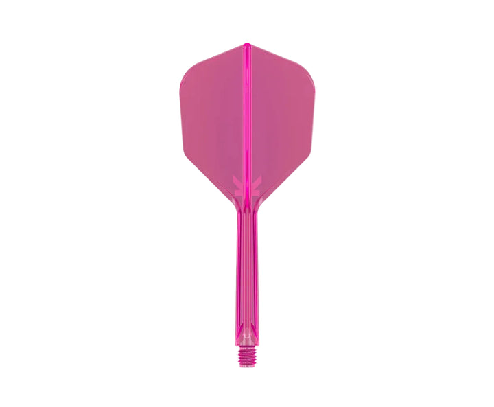 A single pink flighted dart with a metallic finish, centered vertically against a plain light gray background.