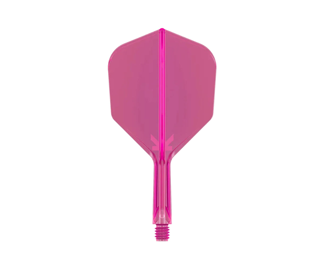 A single translucent pink dart flight with a matching pink shaft, centered on a plain light gray background.