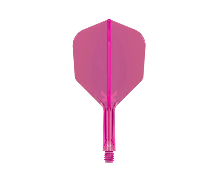 A single translucent pink dart flight with a matching pink shaft, centered on a plain light gray background.