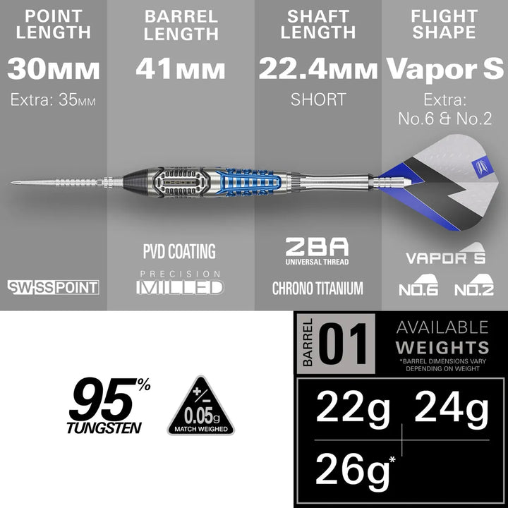 Phil Taylor Power Chrono Swiss Point Darts 95% Tungsten