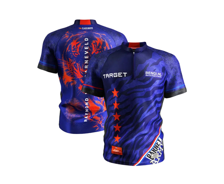 Blue and red sports jersey with branding on a white background