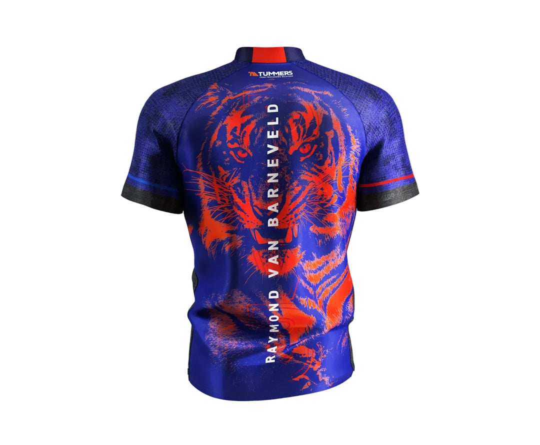Blue sports jersey with red tiger design and visible branding on a white background