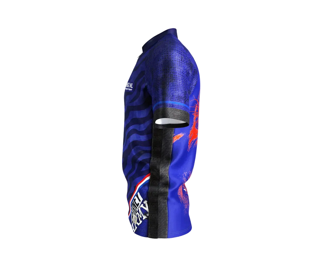 Blue cycling jersey with red and white accents on a white background