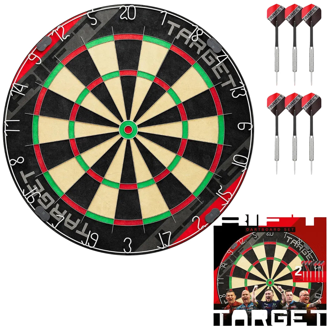 Dartboard with darts and packaging on a white background